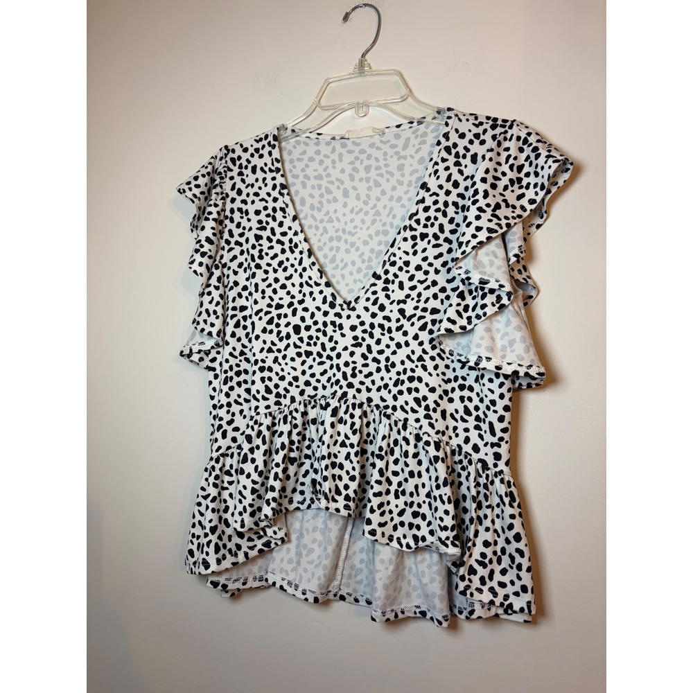 Altard State Peplum Top Women XS Dalmatian Print Ruffle Flutter Sleeve V-Neck